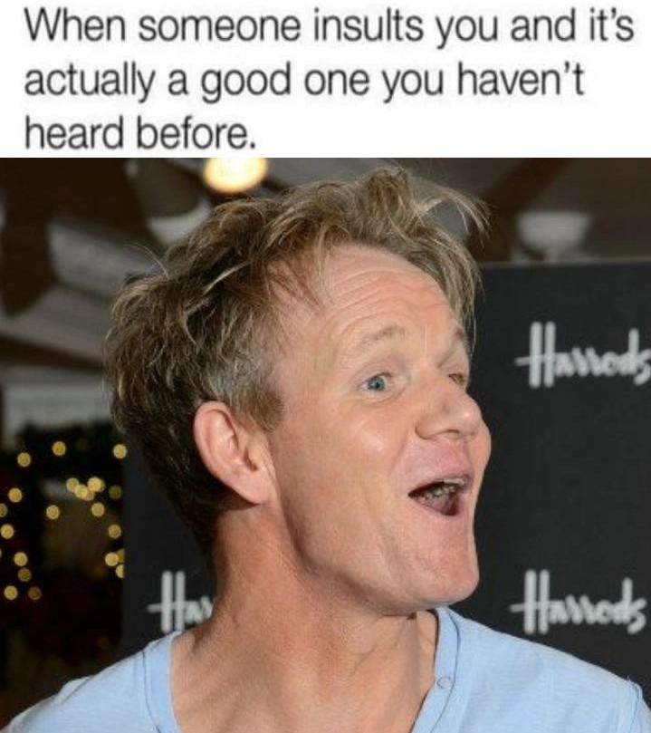 dank memes - gordon ramsay surprised - When someone insults you and it's actually a good one you haven't heard before. Harrods Ha Harrods