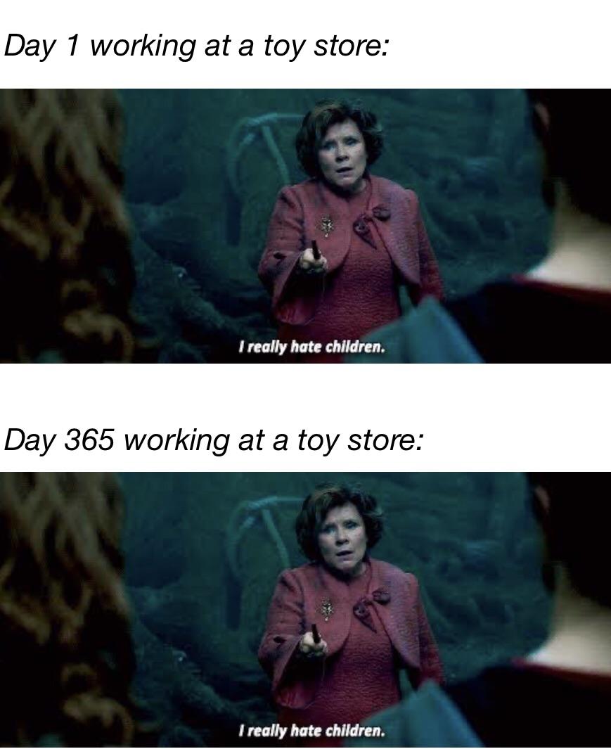 dank memes - human - Day 1 working at a toy store I really hate children. Day 365 working at a toy store I really hate children.