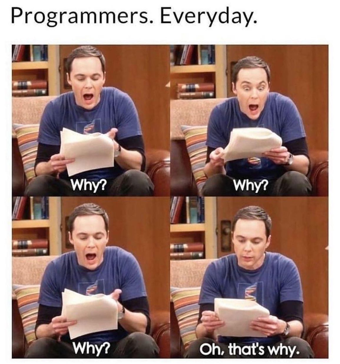 science memes - Programmers. Everyday. Why? Why? Why? Oh, that's why.