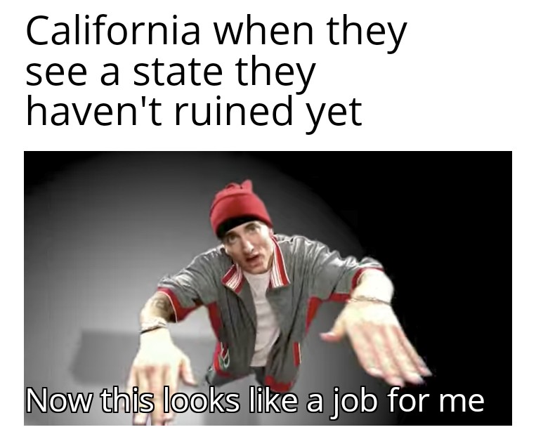now this looks like a job - California when they see a state they haven't ruined yet Now this looks a job for me