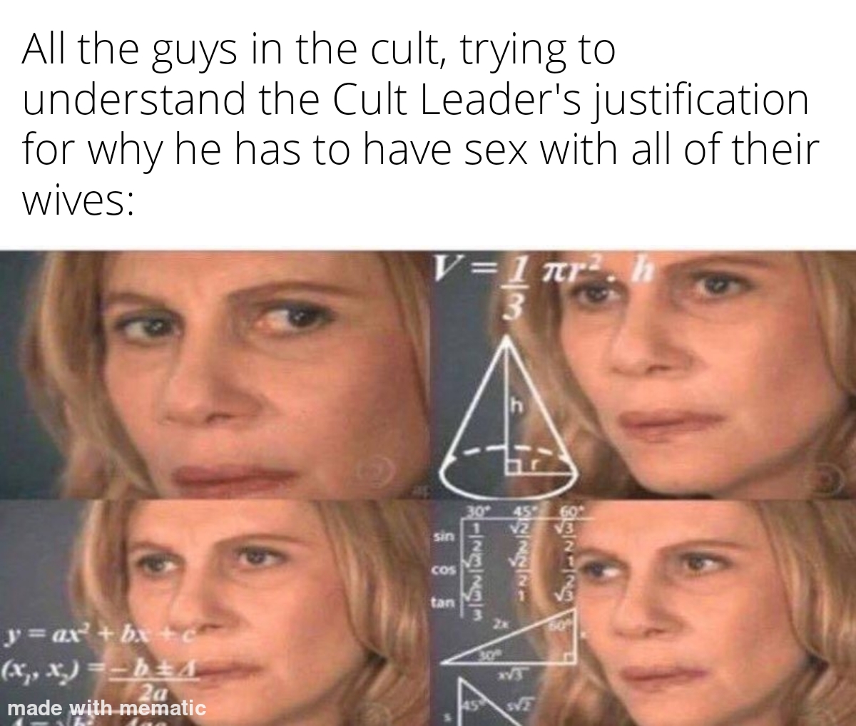 dank memes - funny memes - ww2 m3 meme - All the guys in the cult, trying to understand the Cult Leader's justification for why he has to have sex with all of their wives V1 ar 3 A San Annin Tenen Cos tan y ax? b x, X b 20 made with mematic