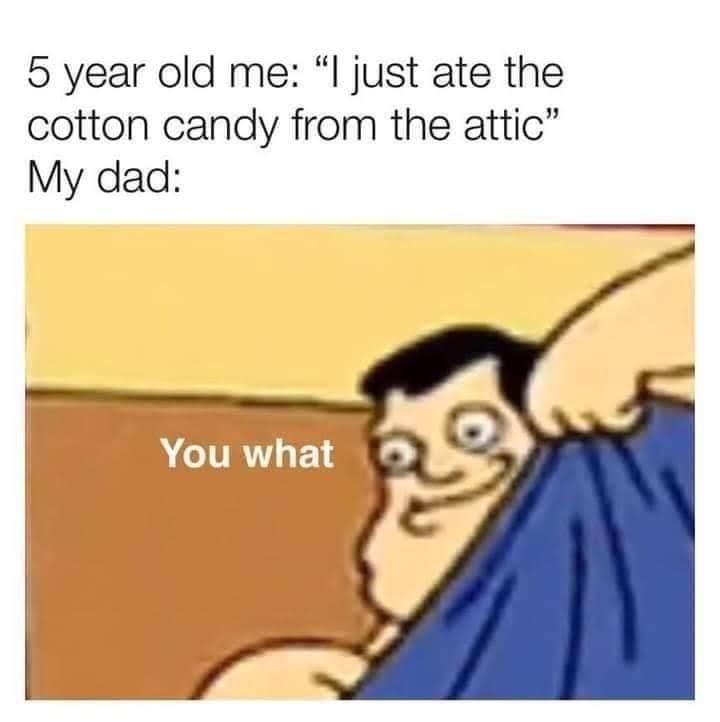 your little brother says he drank the milk from - 5 year old me "I just ate the cotton candy from the attic" My dad You what