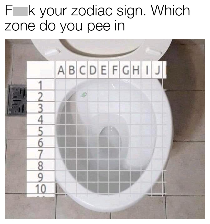 plumbing fixture - Fk your zodiac sign. Which zone do you pee in Abcdefghij 1 2 3 4 5 6 7 8 9 10 On coa