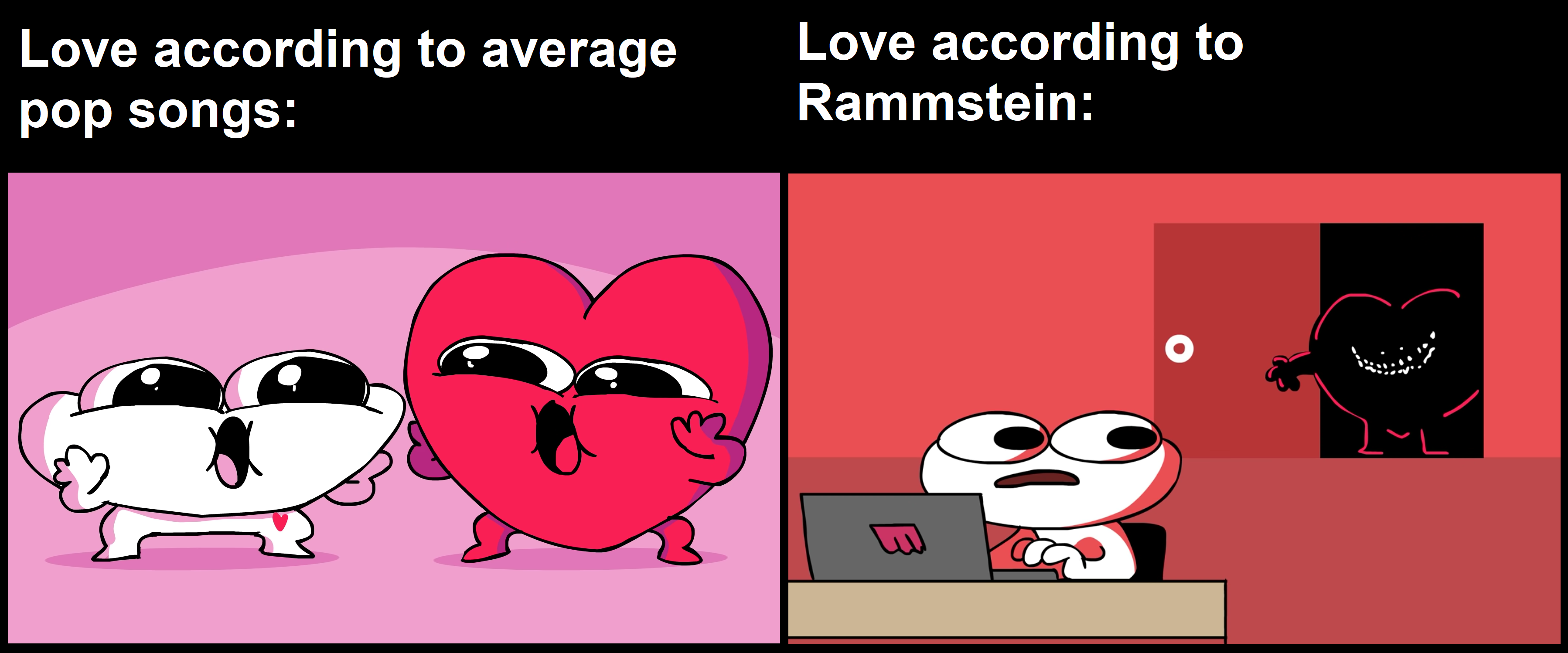 cartoon - Love according to average pop songs Love according to Rammstein