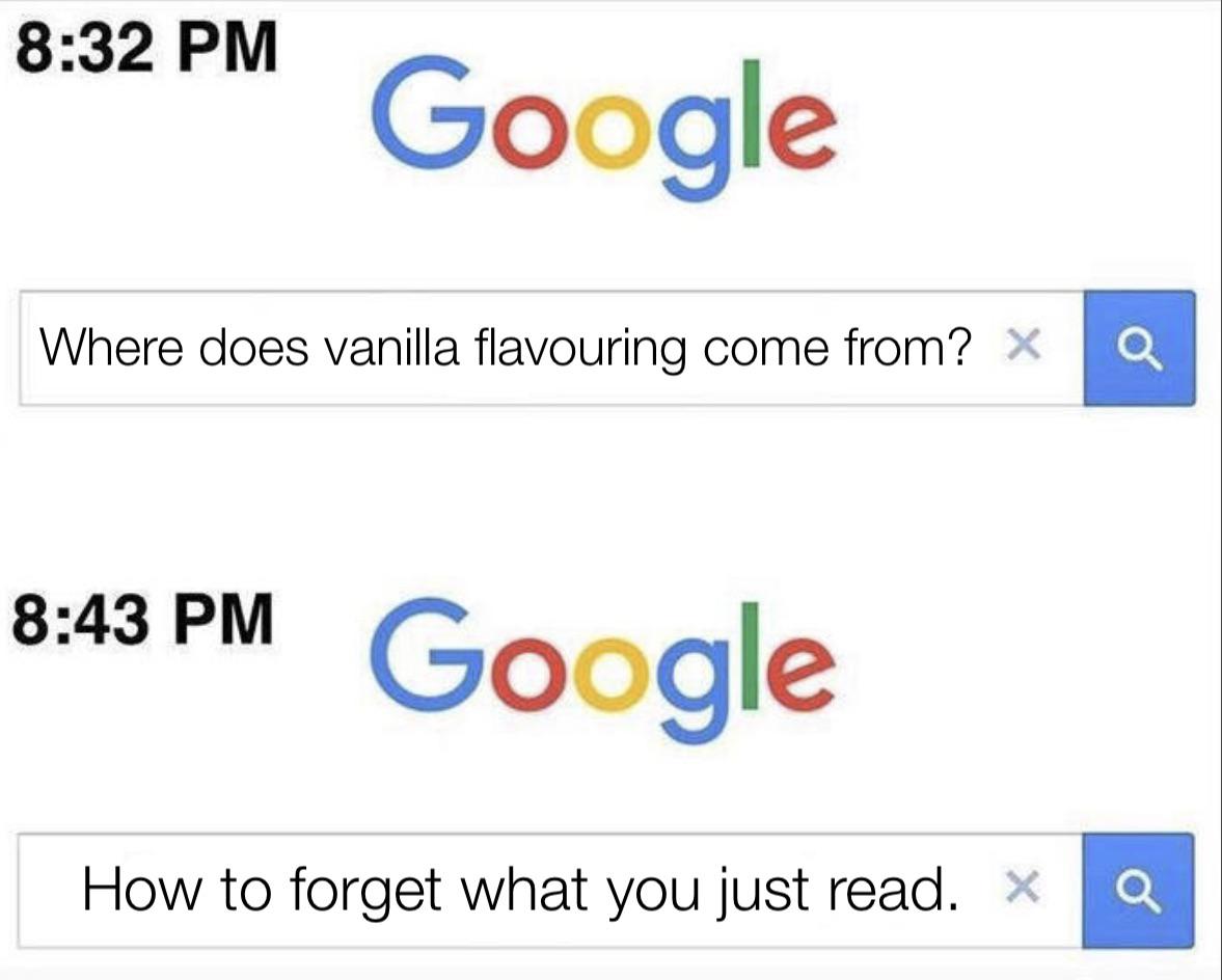 dank memes - funny memes - google memes - Google Where does vanilla flavouring come from? Q Google How to forget what you just read. X Q