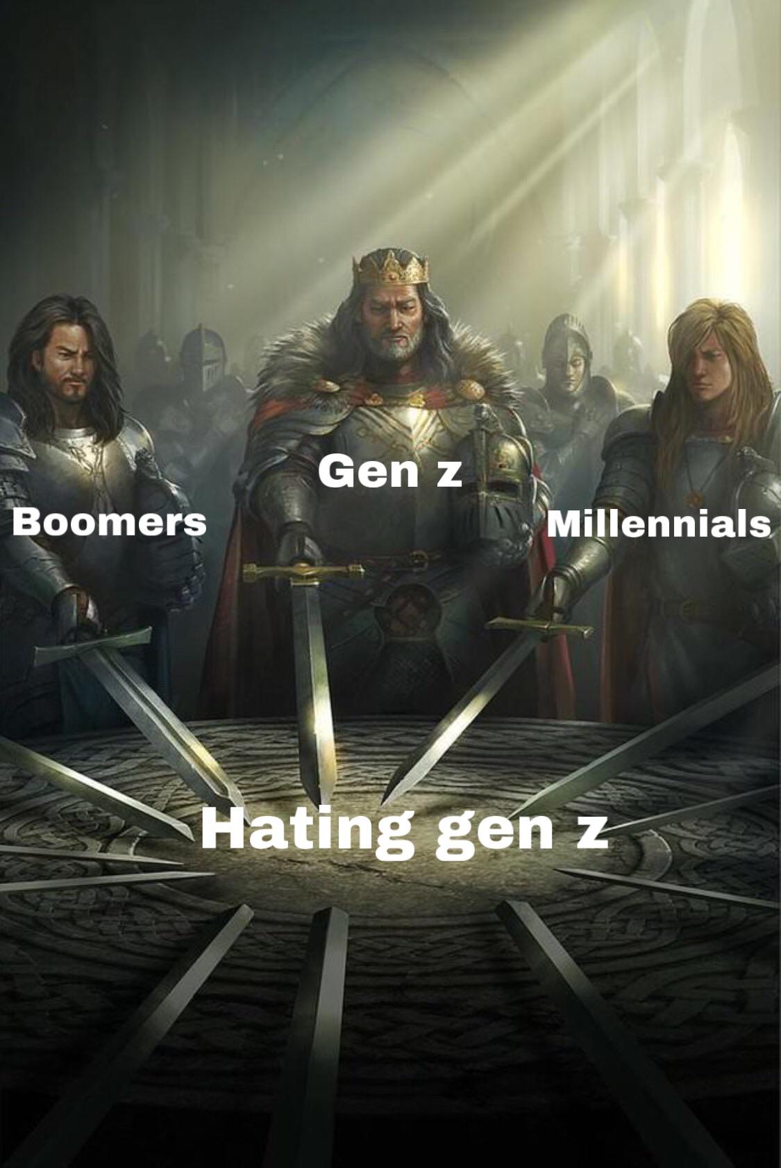 dank memes - funny memes - swords united meme template - Gen z Boomers Millennials Hating gen z
