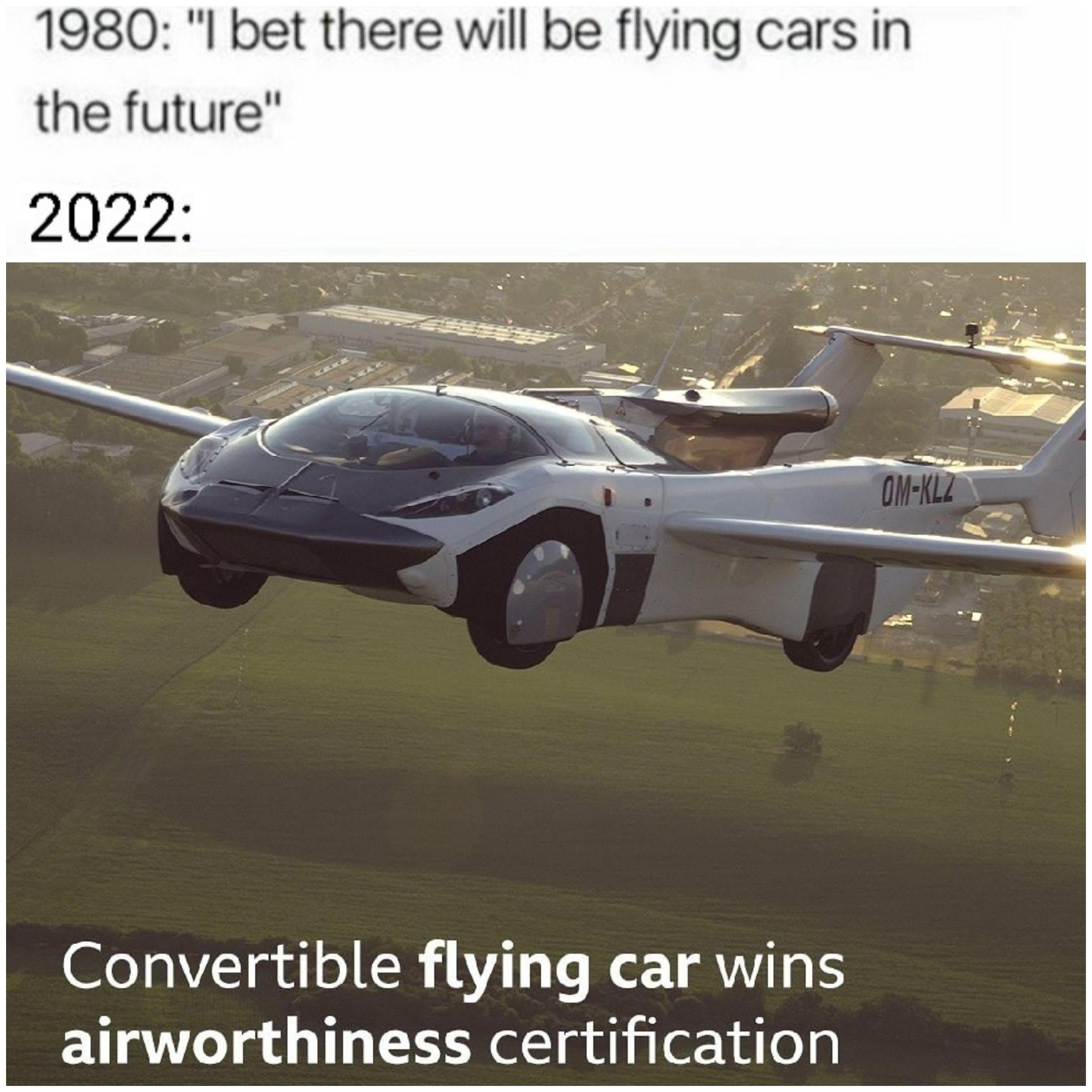 flying car test flight - 1980 "I bet there will be flying cars in the future" 2022 OmKL2 Convertible flying car wins airworthiness certification