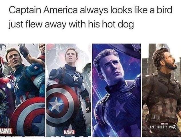 captain america always looks like a bird flew away with his hot dog - a Captain America always looks a bird just flew away with his hot dog Infinity War Marvel Marvel