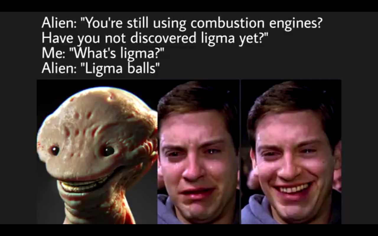 double dodecahedron decibel doohickey knot - Alien "You're still using combustion engines? Have you not discovered ligma yet?" Me "What's ligma?" Alien "Ligma balls"
