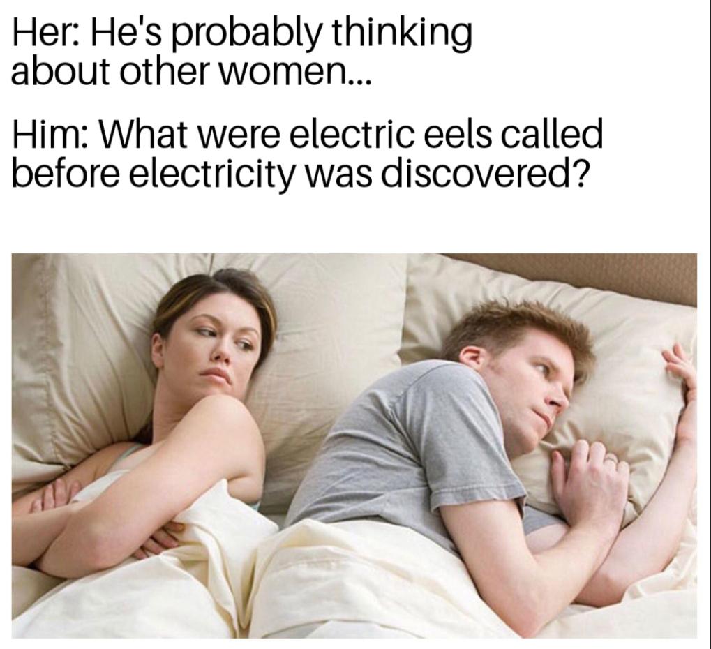 dank memes - atraides bagpipe memes - Her He's probably thinking about other women... Him What were electric eels called before electricity was discovered?