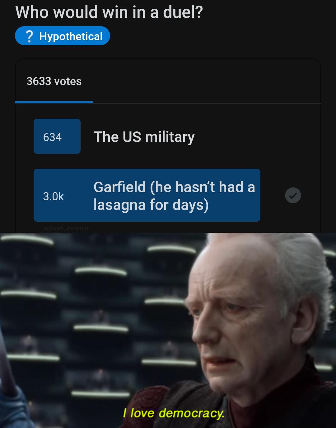 dank memes - funny memes - baby yoda senate meme - Who would win in a duel? ? Hypothetical 3633 votes 634 The Us military 3.Ok Garfield he hasn't had a lasagna for days I love democracy.