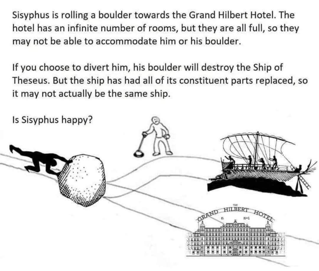 dank memes - funny memes - sisyphus is rolling a boulder towards the grand hilbert hotel - Sisyphus is rolling a boulder towards the Grand Hilbert Hotel. The hotel has an infinite number of rooms, but they are all full, so they may not be able to accommod