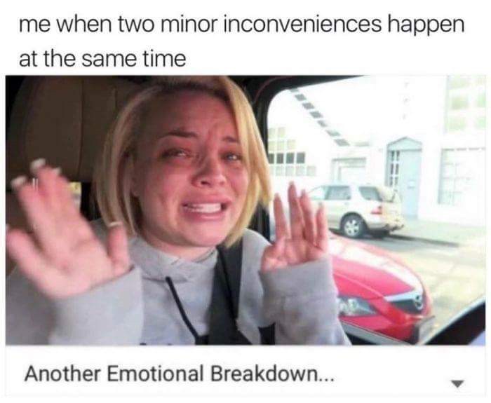 funny memes - dank memes - being emotional memes - me when two minor inconveniences happen at the same time Another Emotional Breakdown...