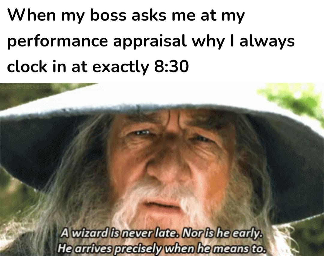 funny memes - dank memes - wizard is never late - When my boss asks me at my performance appraisal why I always clock in at exactly A wizard is never late. Nor is he early. He arrives precisely when he means to.