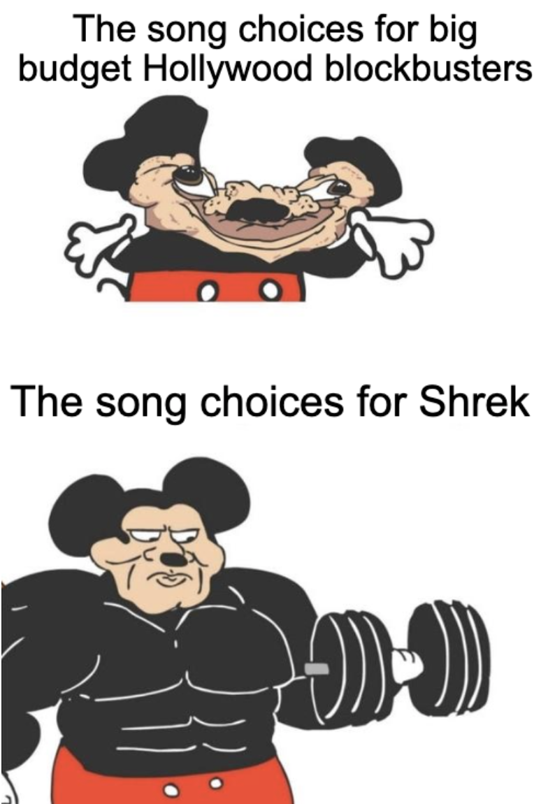 funny memes - dank memes - mickey mouse meme - The song choices for big budget Hollywood blockbusters The song choices for Shrek Do