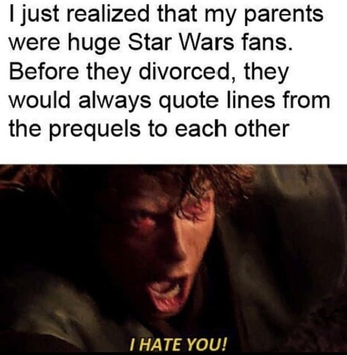 dank memes - photo caption - I just realized that my parents were huge Star Wars fans. Before they divorced, they would always quote lines from the prequels to each other I Hate You!