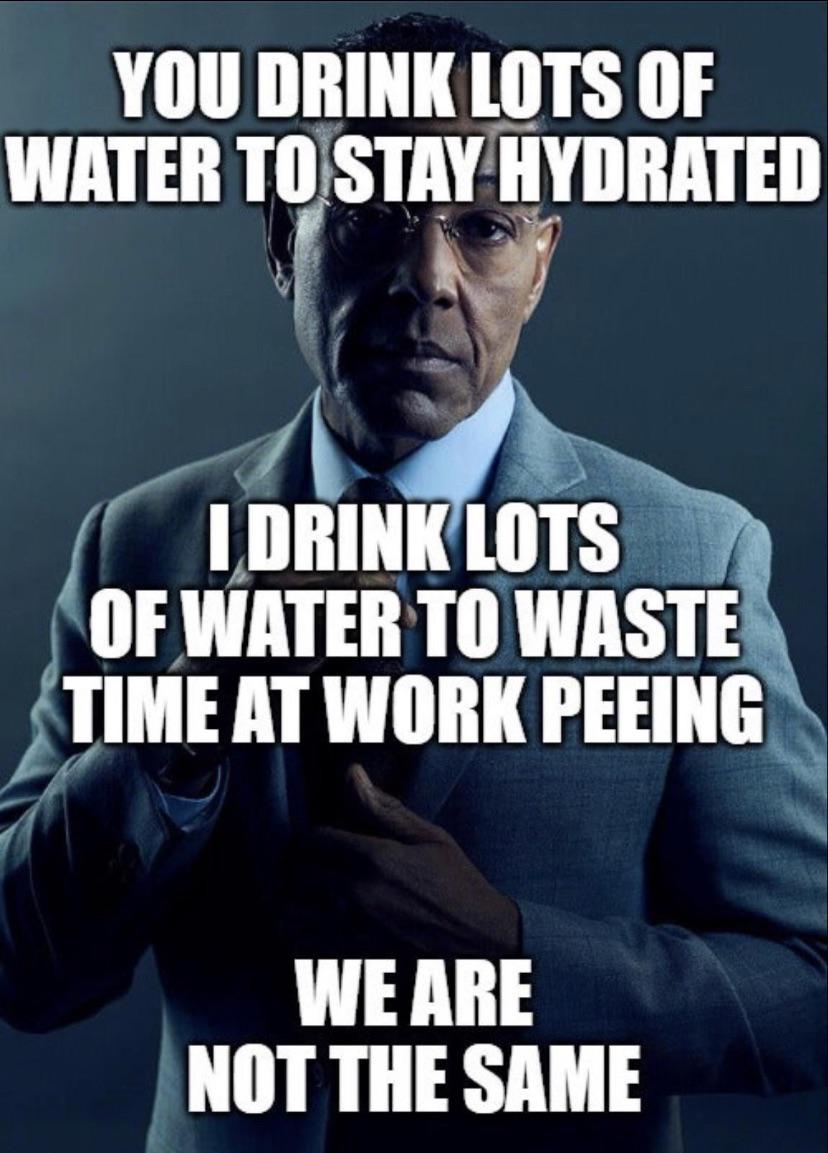 dank memes - tonale pass - You Drink Lots Of Water To Stay Hydrated I Drink Lots Of Water To Waste Time At Work Peeing We Are Not The Same