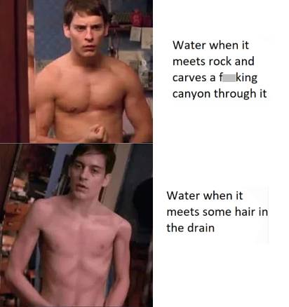 dank memes - funny memes - barechestedness - Water when it meets rock and carves af king canyon through it Water when it meets some hair in the drain