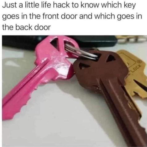 funny memes - dank memes - pink key brown key - Just a little life hack to know which key goes in the front door and which goes in the back door Lock