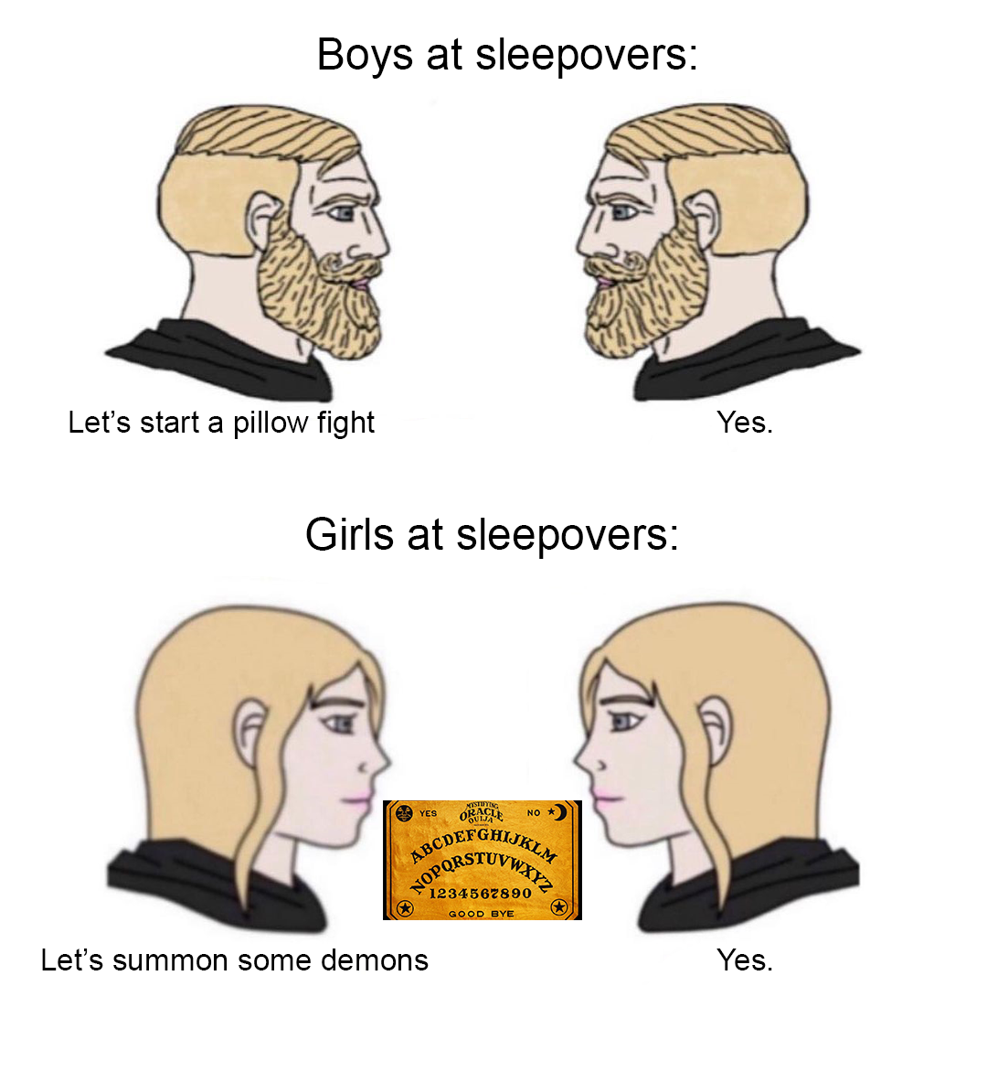funny memes - dank memes - fight club meme - Boys at sleepovers Let's start a pillow fight Yes. Girls at sleepovers Ma . Jopor Oendo Od Rye Let's summon some demons Yes.