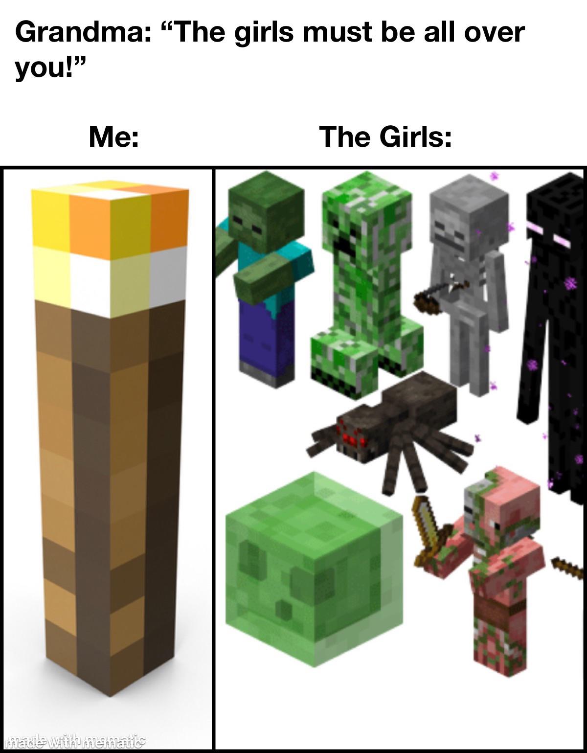 funny memes - dank memes - minecraft mobs - Grandma "The girls must be all over you!" Me The Girls madles with hematics