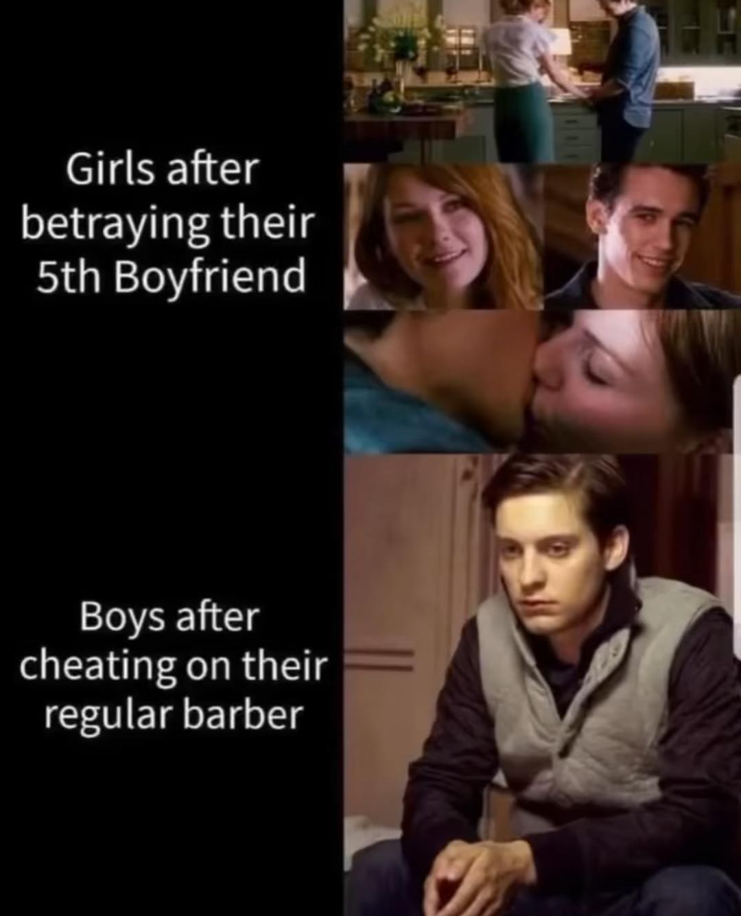 funny memes - dank memes - photo caption - Girls after betraying their 5th Boyfriend Boys after cheating on their regular barber