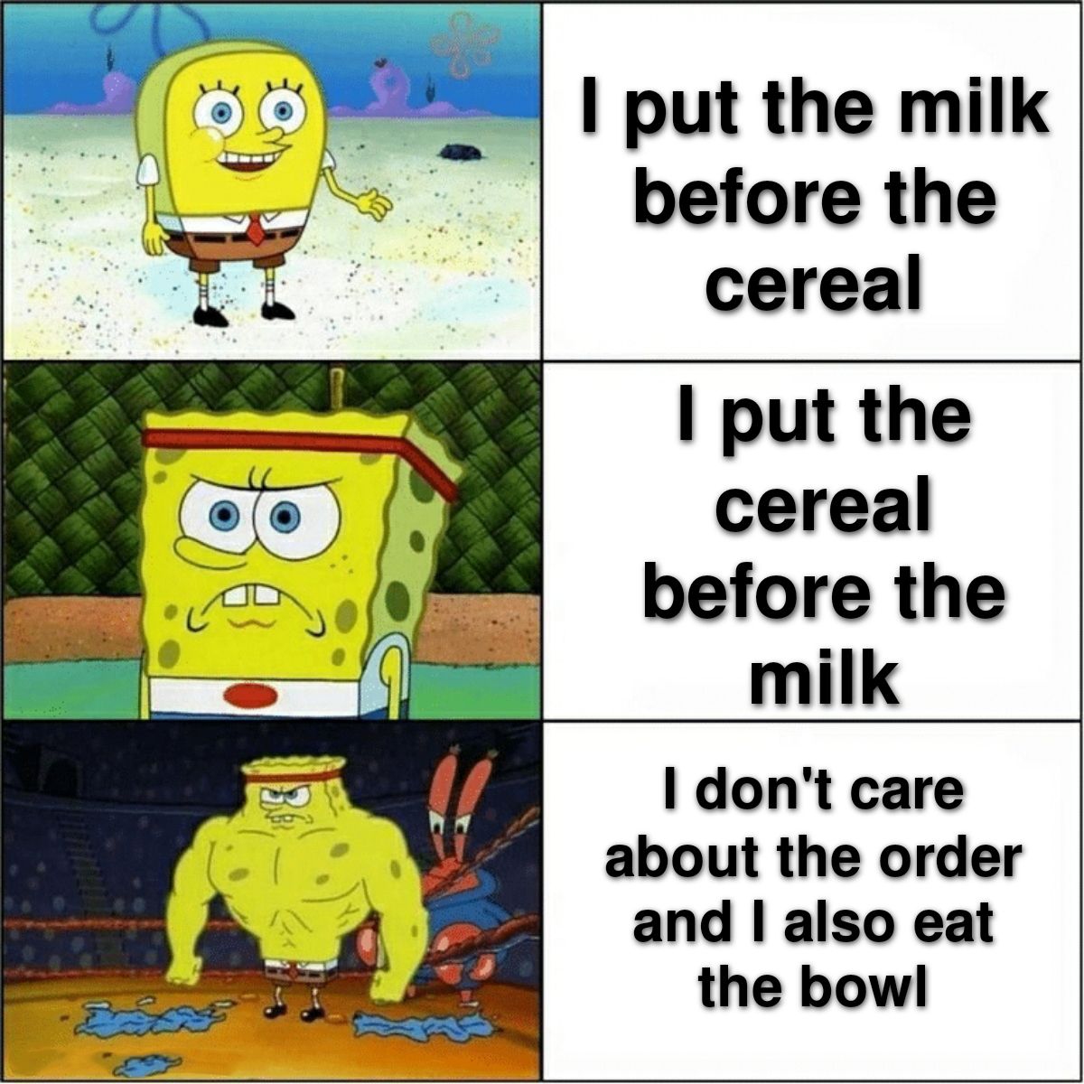 dank memes and funny pics - spongebob meme - B I put the milk before the cereal I put the cereal before the milk I don't care about the order and I also eat the bowl