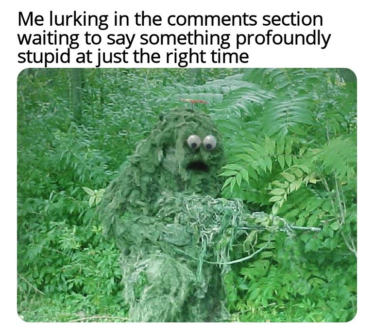 funny memes - dank memes - ghillie suit googly eyes - Me lurking in the section waiting to say something profoundly stupid at just the right time