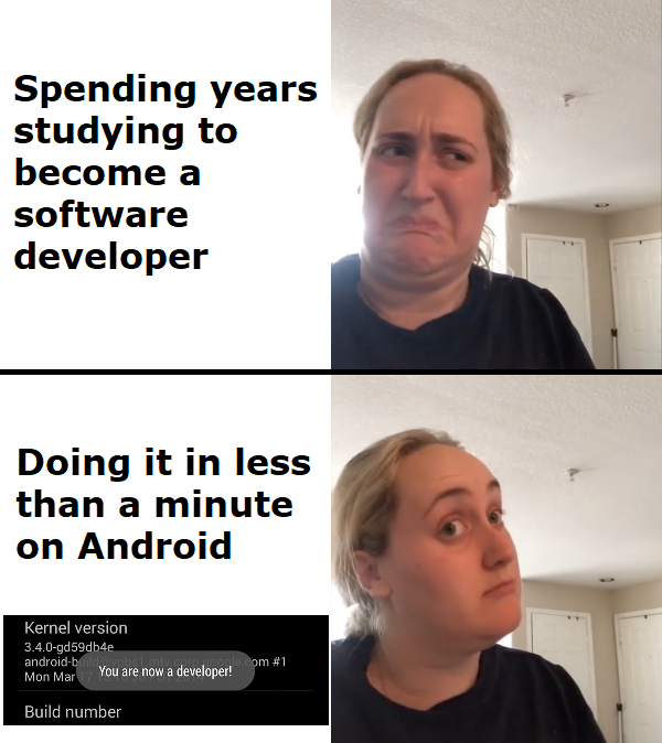 dank memes - rewatching comfort show meme - Spending years studying to become a software developer Doing it in less than a minute on Android Kernel version 3.4.0gd59db4e androidb You are now & roogle.com are now a developer! Build number