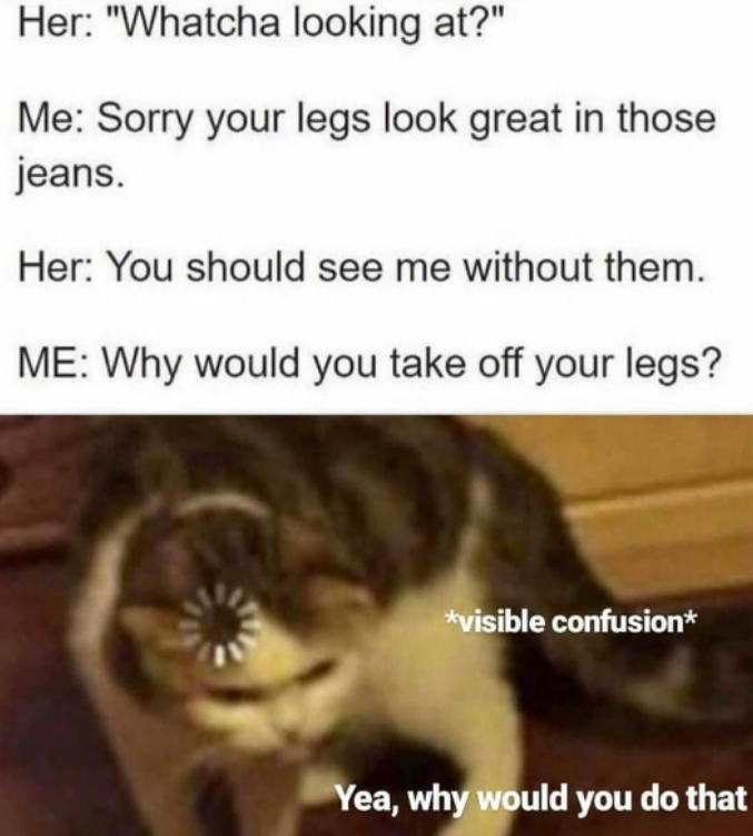 funny memes - more cheese less cheese - Her "Whatcha looking at?" Me Sorry your legs look great in those jeans. Her You should see me without them. Me Why would you take off your legs? visible confusion Yea, why would you do that