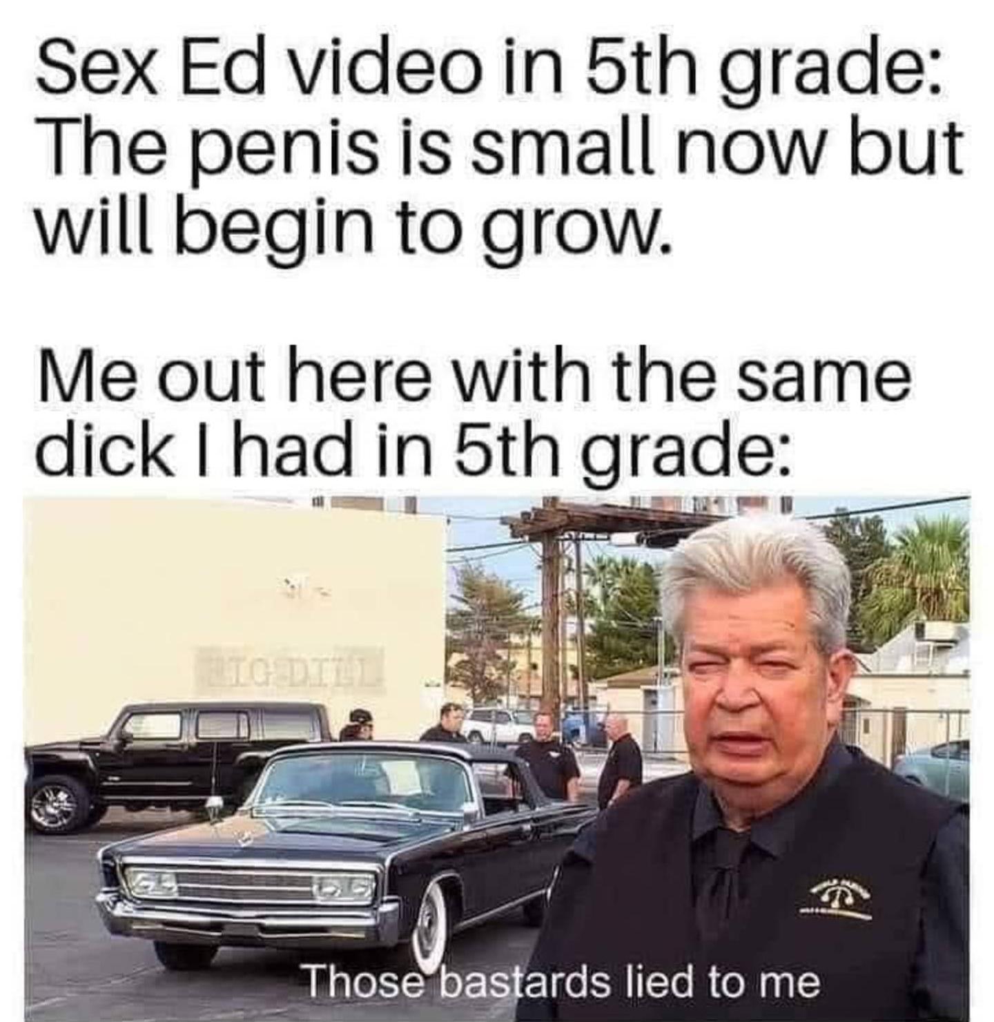 funny memes - worst thing she can say is no - Sex Ed video in 5th grade The penis is small now but will begin to grow. Me out here with the same dick I had in 5th grade Elig Dilli Those bastards lied to me