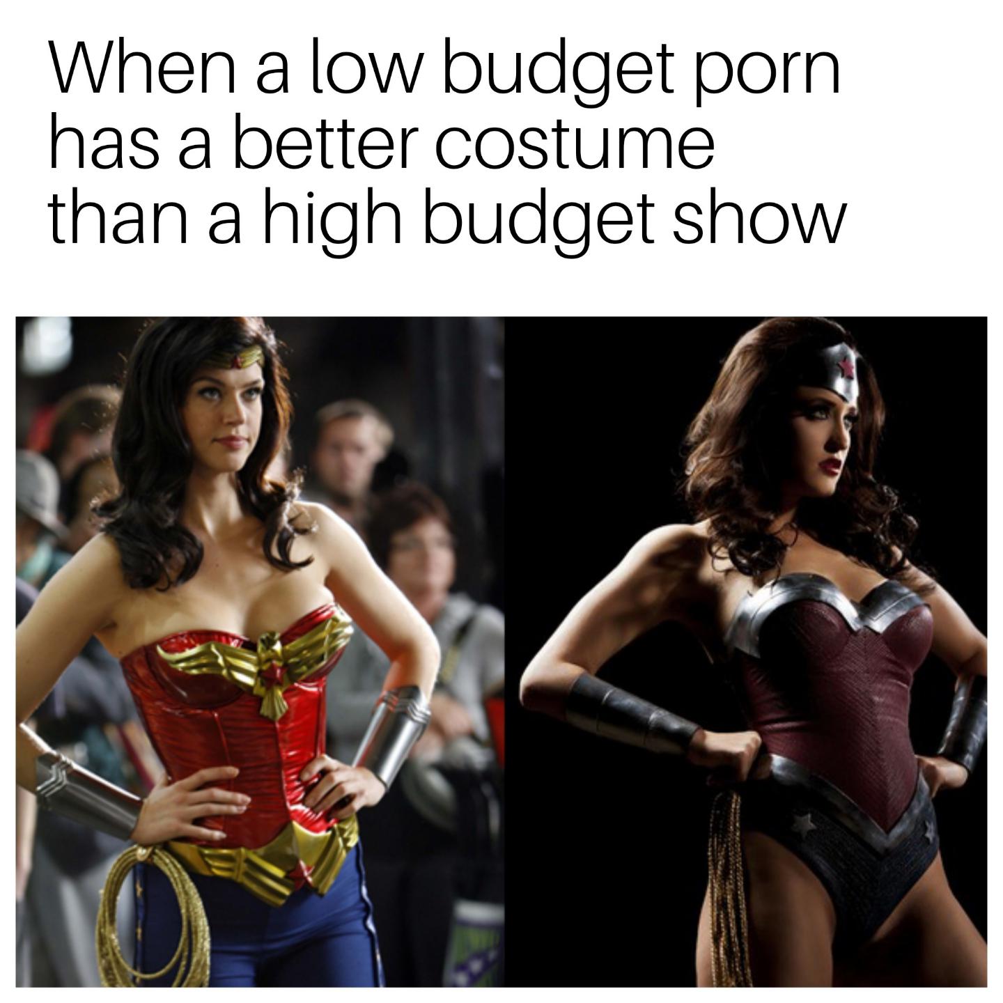 funny memes - wonder woman porn costume comparison - When a low budget porn has a better costume than a high budget show