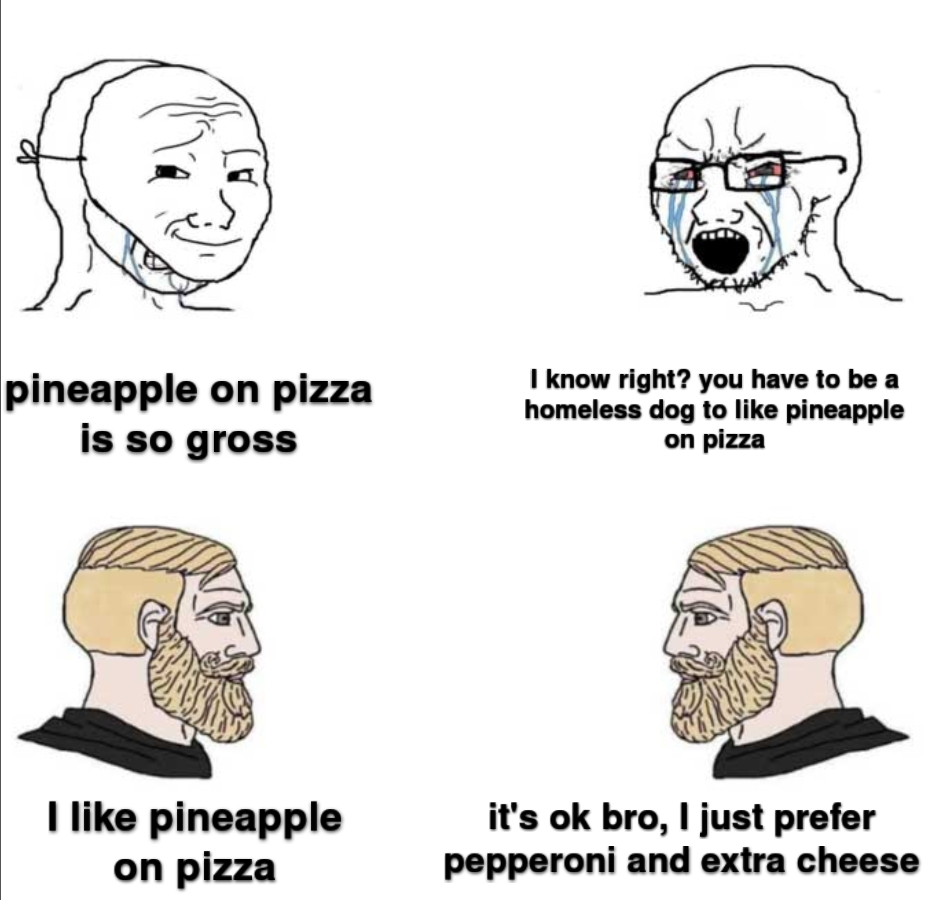 dank memes - funny memes - danganronpa memes - pineapple on pizza is so gross I know right? you have to be a homeless dog to pineapple on pizza I pineapple on pizza it's ok bro, I just prefer pepperoni and extra cheese