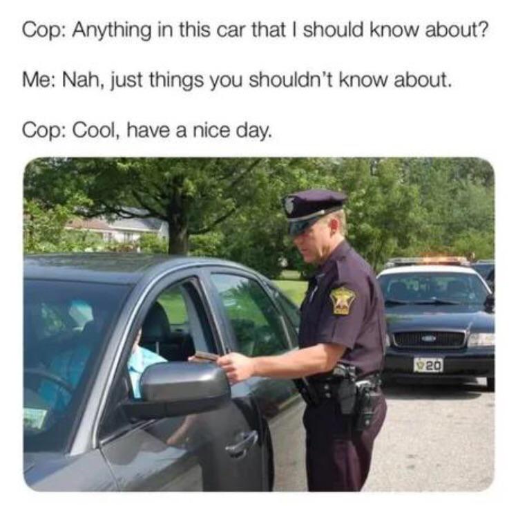 dank memes - funny memes - police pull over - Cop Anything in this car that I should know about? Me Nah, just things you shouldn't know about. Cop Cool, have a nice day. 20
