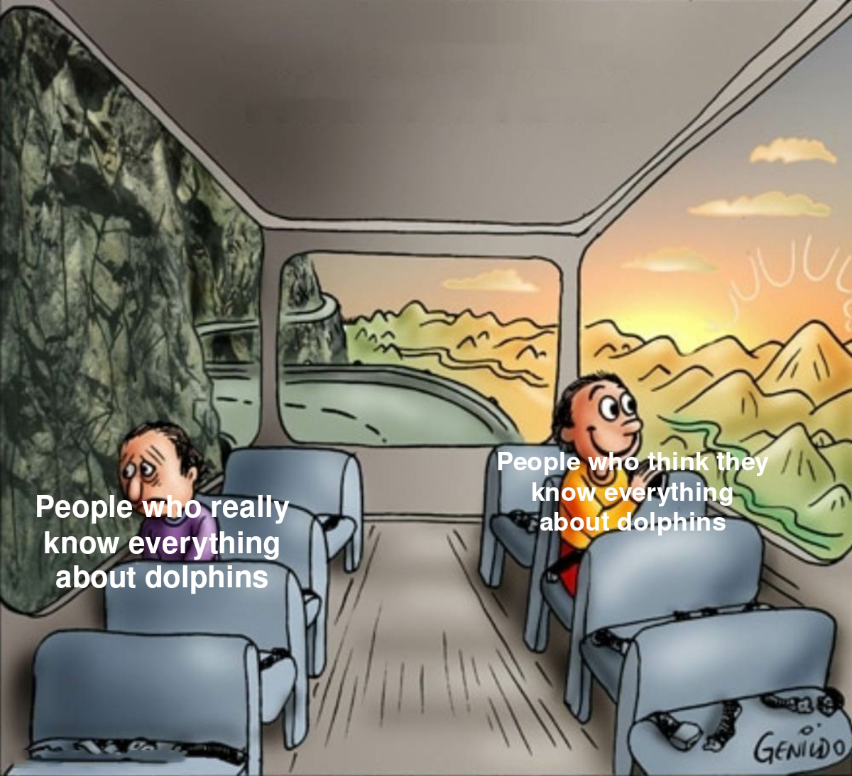 dank memes - happy side sad side bus meme template - People who think they know everything about dolphins People who really know everything about dolphins Genio