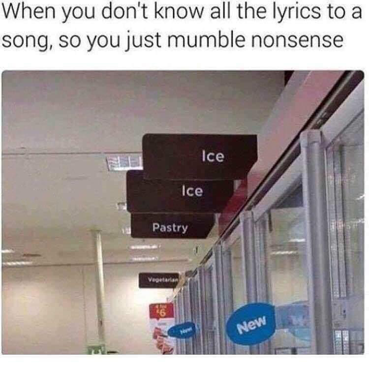 dank memes - hilarious laugh funniest memes - When you don't know all the lyrics to a song, so you just mumble nonsense Ice Ice Pastry Vegetarian New