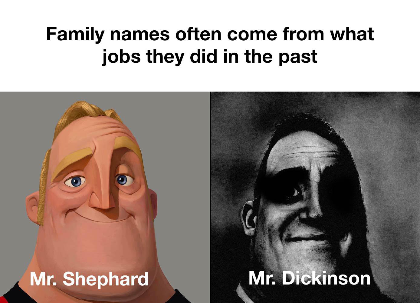 funny memes - dank memes - people who knows - Family names often come from what jobs they did in the past Mr. Shephard Mr. Dickinson