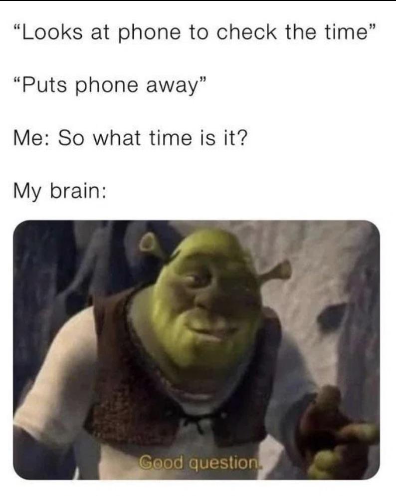 funny memes - dank memes - mrbeast chandler losing memes - "Looks at phone to check the time" "Puts phone away" Me So what time is it? My brain Good question