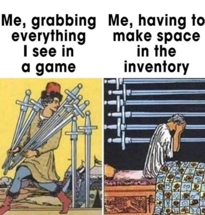 funny memes - dank memes - video game memes - Me, grabbing Me, having to everything make space I see in in the a game inventory