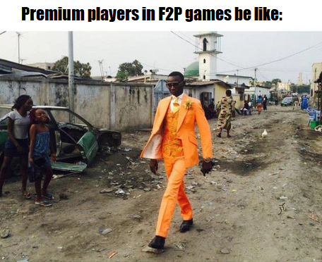 dank memes - black man in orange suit meme - Premium players in F2P games be