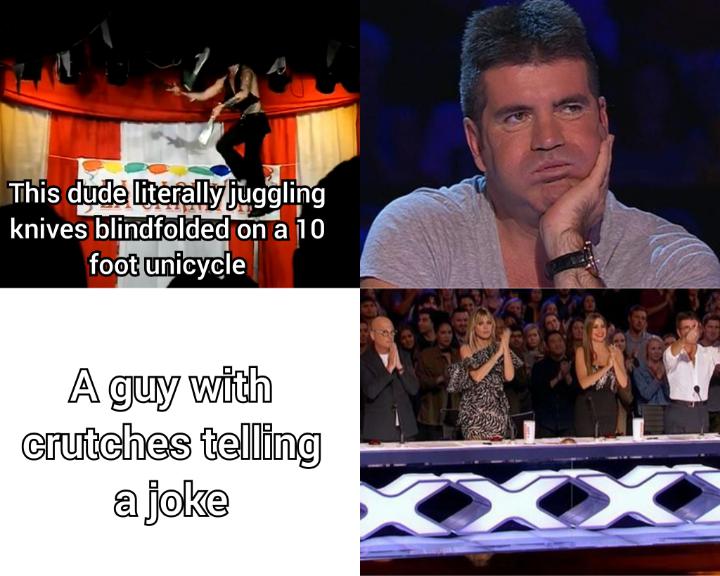 funny memes - dank memes - television program - This dude literally juggling knives blindfolded on a 10 foot unicycle A guy with crutches telling a joke