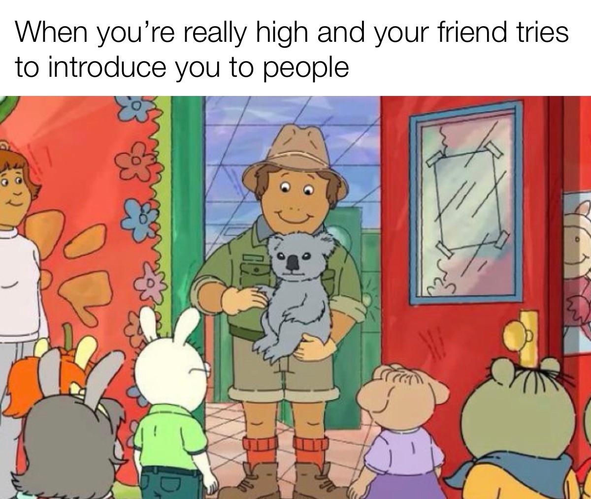dank memes - funny memes - cartoon - When you're really high and your friend tries to introduce you to people