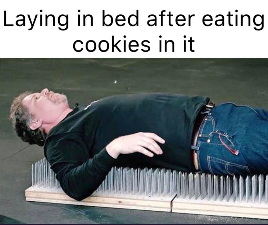 dank memes - bed of nails physics - Laying in bed after eating cookies in it