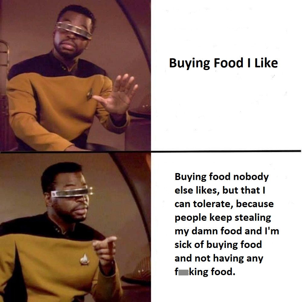 funny memes - dank memes - geordi la forge meme - Buying Food I Buying food nobody else , but that I can tolerate, because people keep stealing my damn food and I'm sick of buying food and not having any feking food.