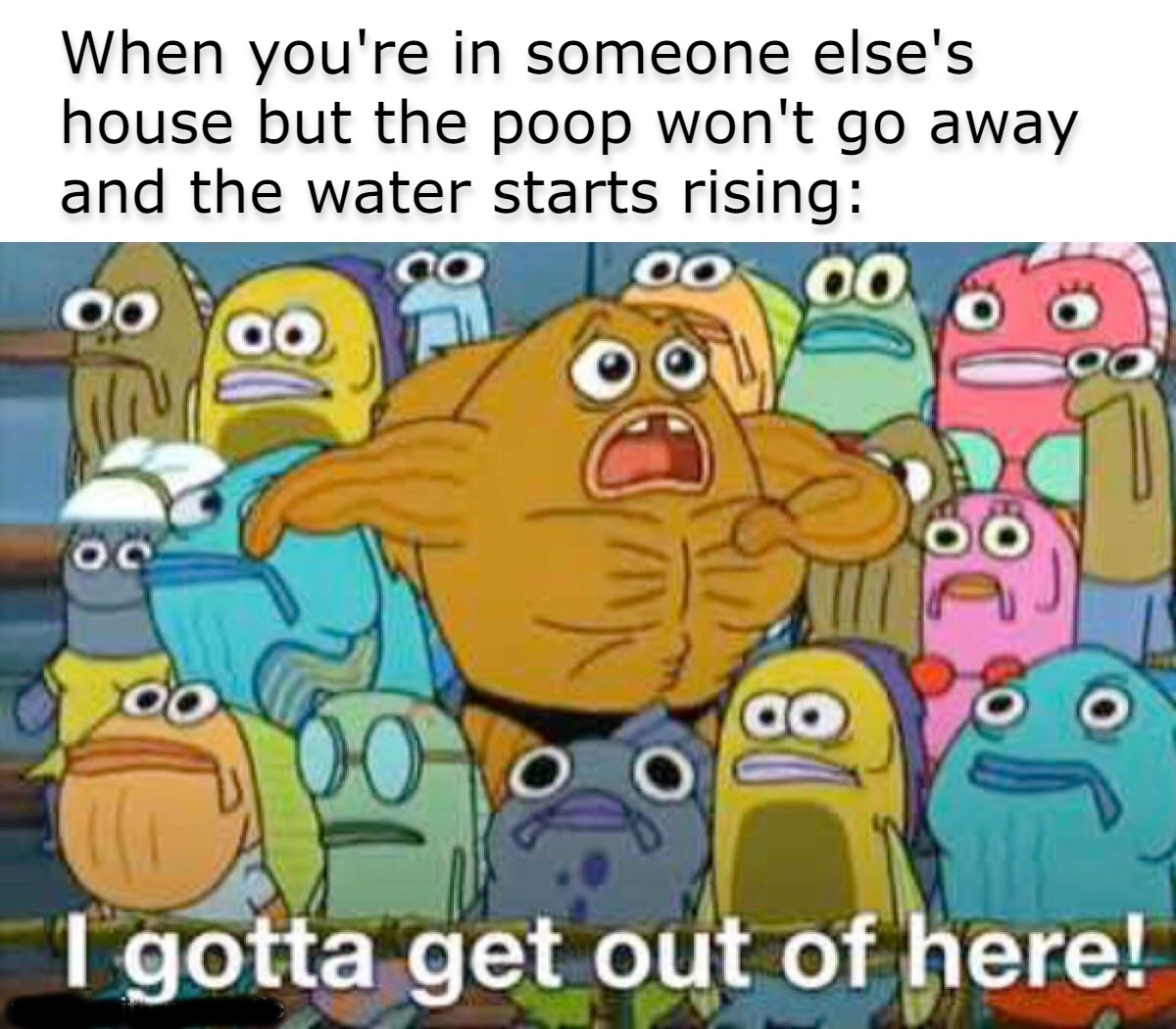 funny memes - dank memes - gotta get outta here meme - When you're in someone else's house but the poop won't go away and the water starts rising 00 I gotta get out of here!