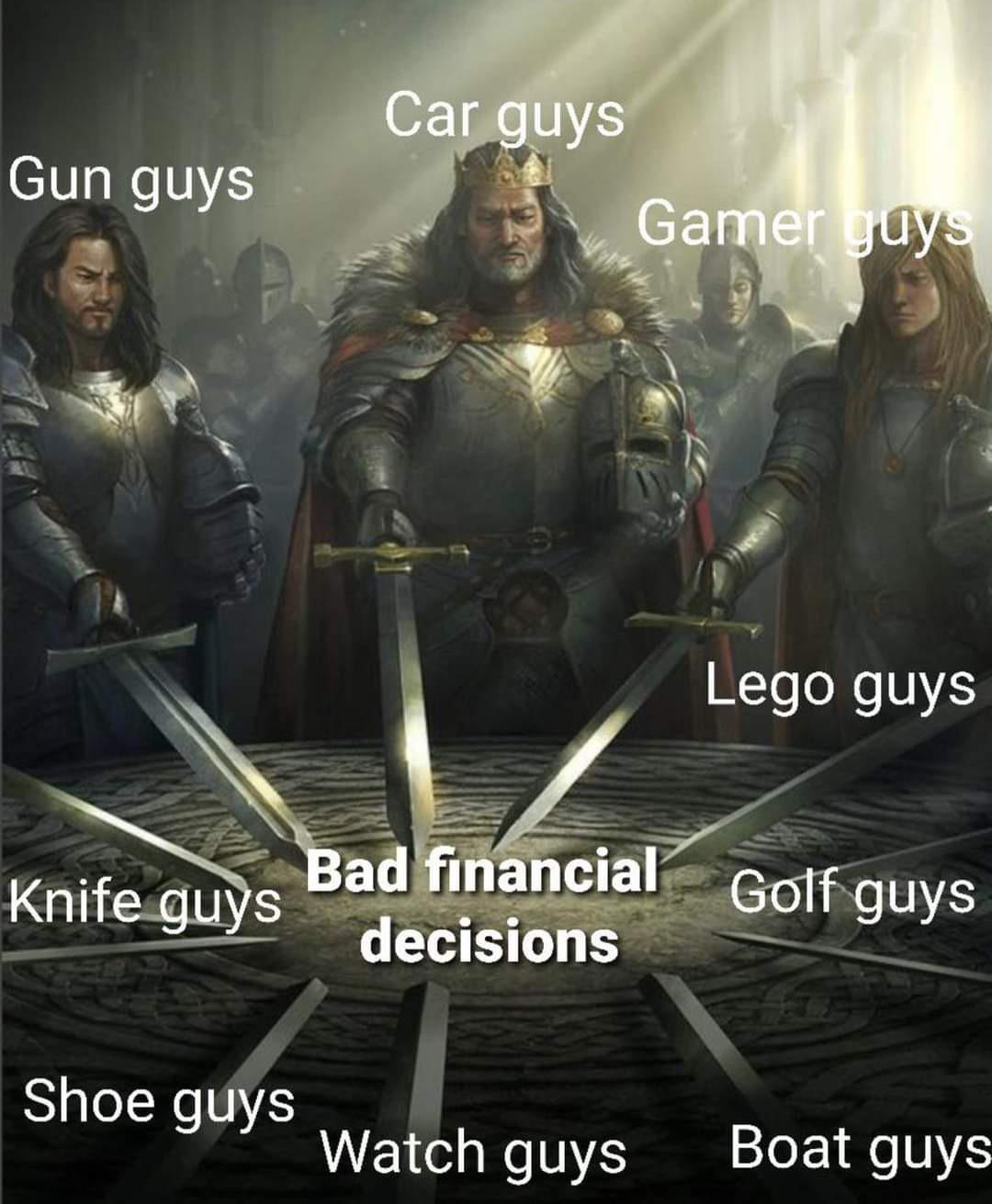 Funny memes - Gun guys Car guys Gamer guys Lego guys Knife guys Bad financial decisions Golf guys Shoe guys Watch guys Boat guys