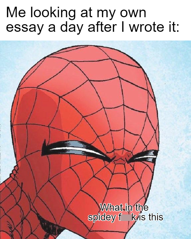 Funny memes - suspicious spiderman meme - Me looking at my own essay a day after I wrote it What in the spidey f k is this