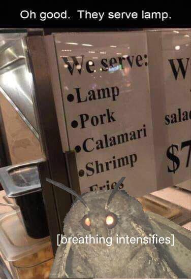 Funny memes - lamp you say meme - Oh good. They serve lamp. We serve Lamp W Pork Calamari sala $7 Shrimp Pries breathing intensifies