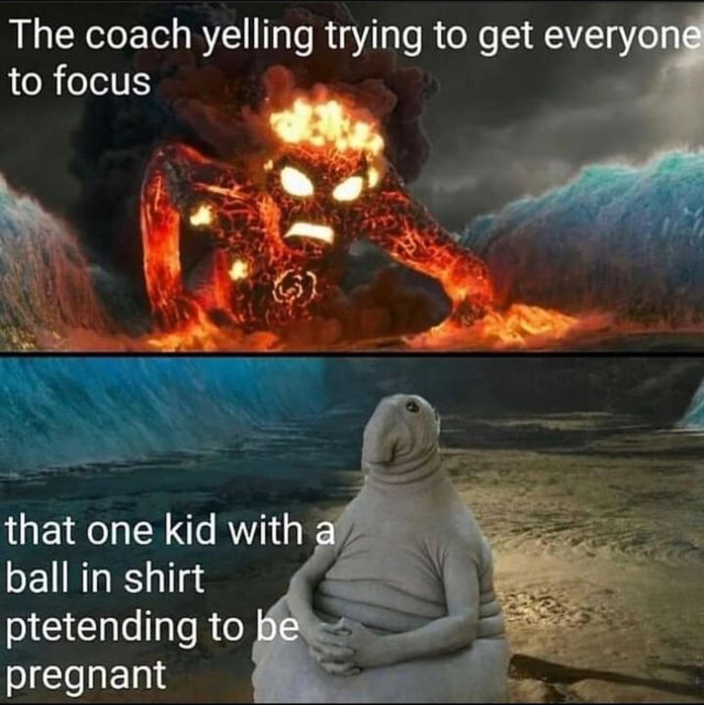 funny memes - dank memes - me making potions meme - The coach yelling trying to get everyone to focus that one kid with a ball in shirt ptetending to be pregnant