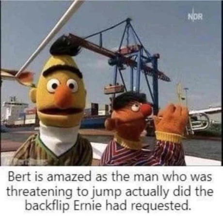 funny memes - dank memes - bert and ernie memes - Nor Bert is amazed as the man who was threatening to jump actually did the backflip Ernie had requested.